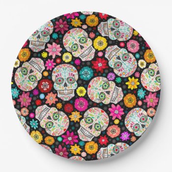 Colorful Sugar Skulls And Flowers Fiesta On Black Paper Plates by creativetaylor at Zazzle