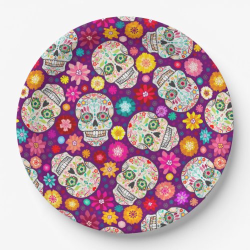 Colorful Sugar Skulls and Flowers Fiesta on Purple Paper Plates