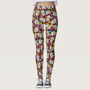 Colorful Sugar Skulls and Flowers on Black Leggings