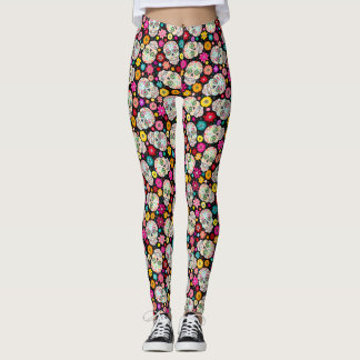 Colorful Sugar Skulls and Flowers on Black Leggings