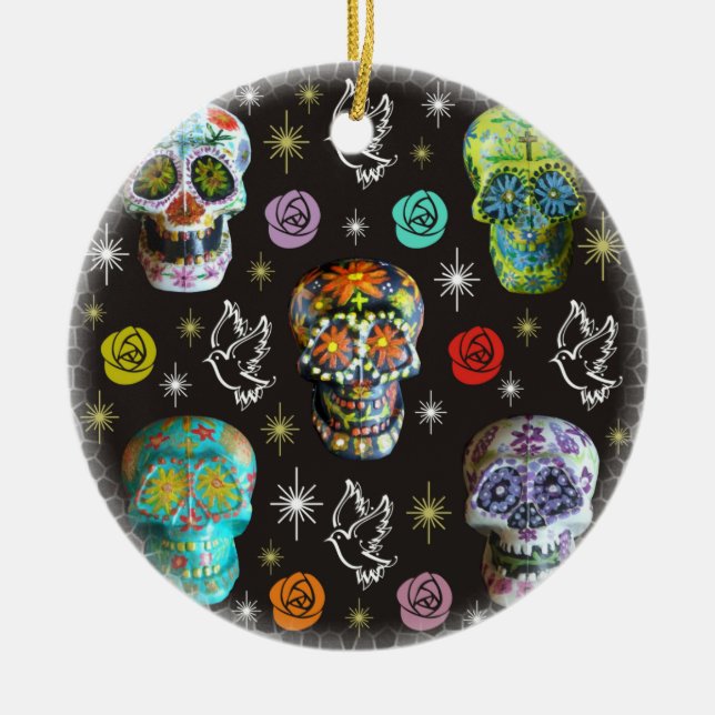 Colorful Sugar Skulls Ceramic Ornament (Front)