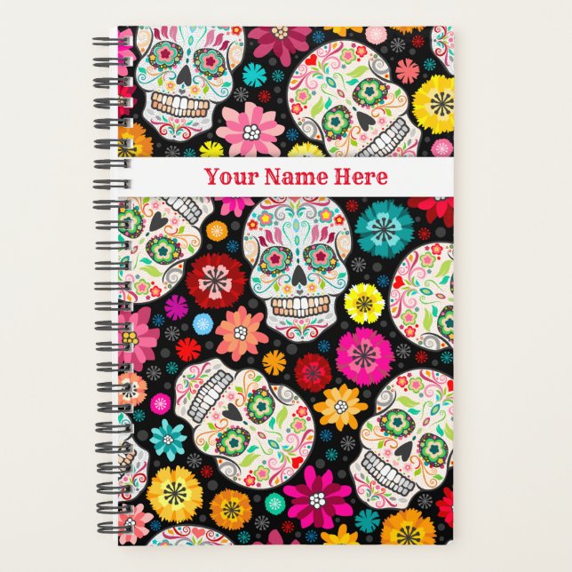 Colorful Sugar Skulls Fiesta on Black Planner (Front)
