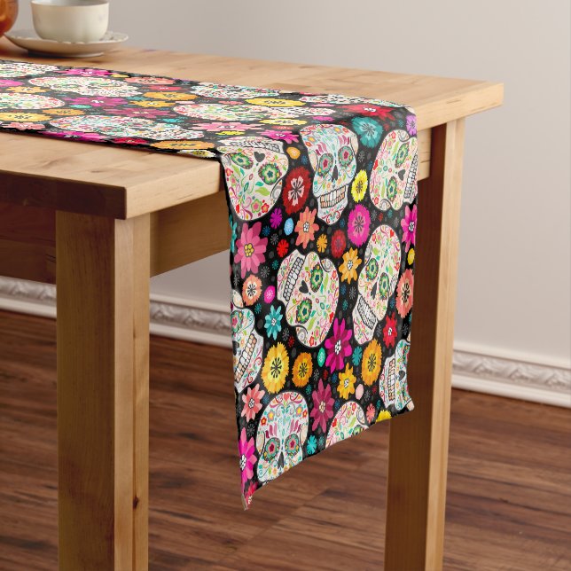 Colorful Sugar Skulls Flowers Fiesta Black Runner (In Situ)