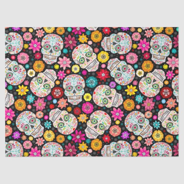 Colorful Sugar Skulls Flowers Fiesta Black Tissue Paper (Front)