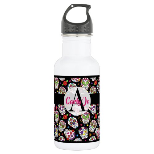 Colorful Sugar Skulls Monogrammed  Personalized Stainless Steel Water Bottle