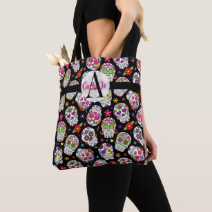 INTERESTPRINT Bright Skull and Poppies Wreath Colorful Day of the Dead Card Woman Tote Casual Bags Crossbody Bag 