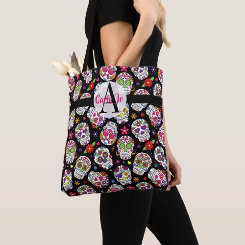 Colorful Sugar Skulls Monogrammed  Personalized Tote Bag