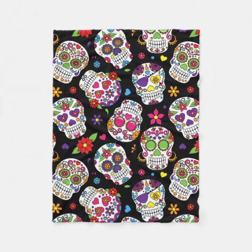 Colorful Sugar Skulls On Black Fleece Blanket