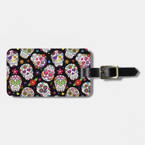 Colorful Sugar Skulls On Black Luggage Tag