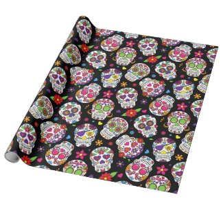 Colorful Sugar Skulls On Black Wrapping Paper