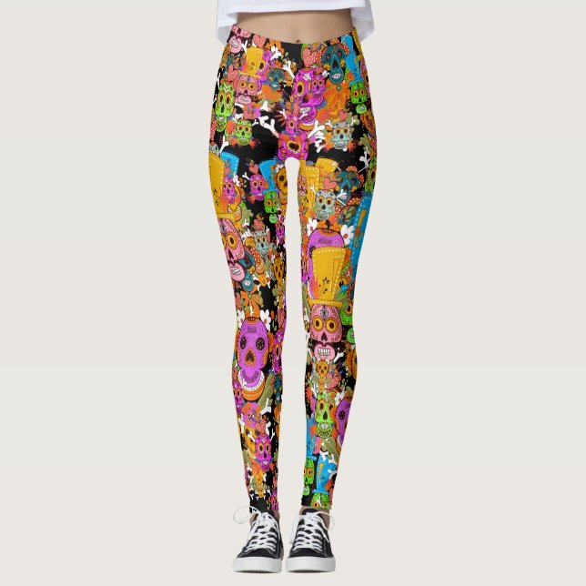Colorful Sugar Skulls Pattern Leggings (Front)