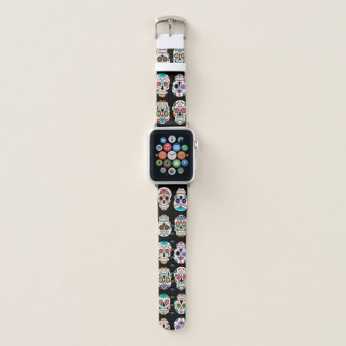 Colorful Sugar Skulls Pattern on Black Apple Watch Band