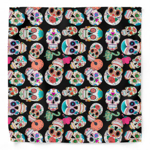 Colorful Sugar Skulls Pattern on Black Bandana