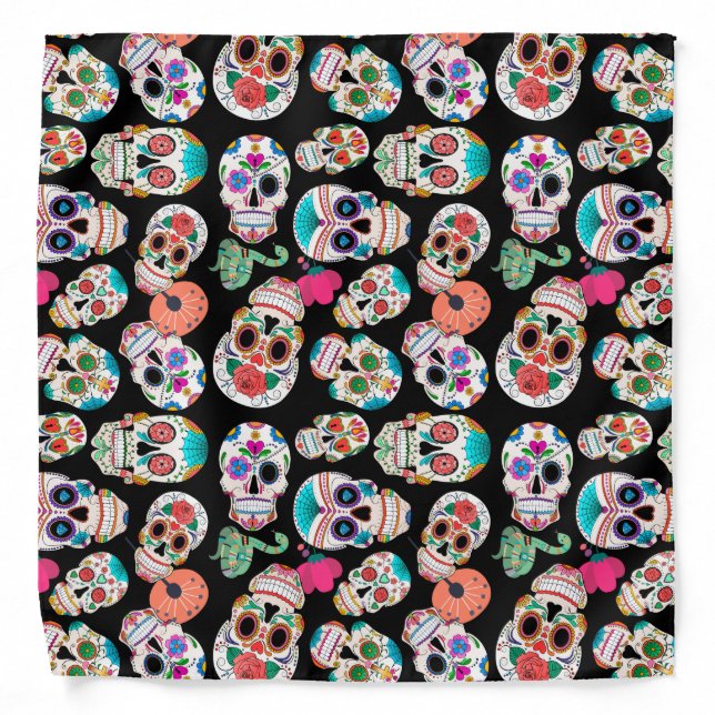Colorful Sugar Skulls Pattern on Black Bandana (Front)