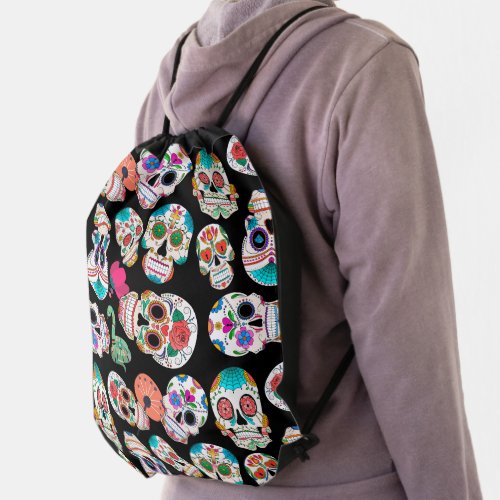 Colorful Sugar Skulls Pattern on Black Drawstring Bag