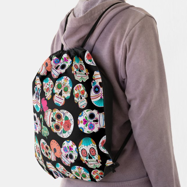 Colorful Sugar Skulls Pattern on Black Drawstring Bag (Insitu)