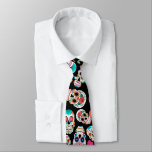 Colorful Sugar Skulls Pattern on Black Neck Tie