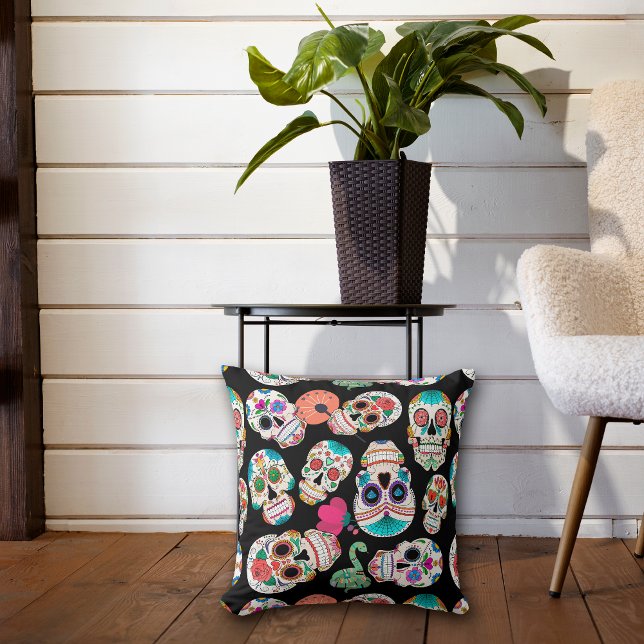 Colorful Sugar Skulls Pattern on Black Throw Pillow (Creator Uploaded)