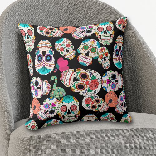Colorful Sugar Skulls Pattern on Black Throw Pillow