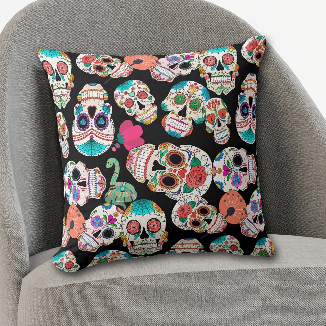 Colorful Sugar Skulls Pattern on Black Throw Pillow (Creator Uploaded)