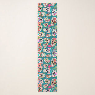 Colorful Sugar Skulls Pattern on Teal Scarf