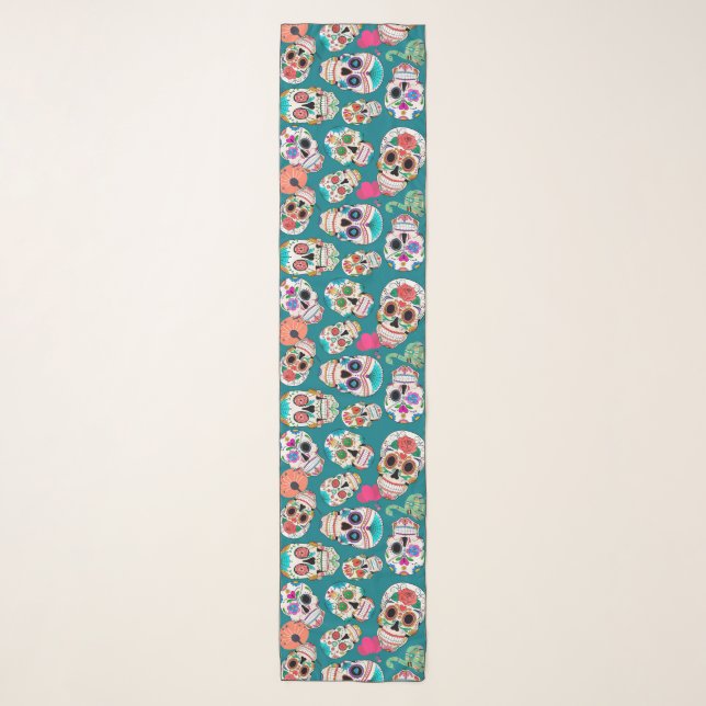 Colorful Sugar Skulls Pattern on Teal Scarf (Front)
