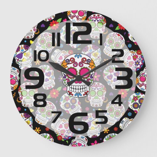 Colorful Sugar Skulls Patterned Large Clock