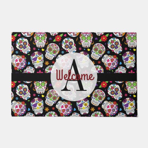 Colorful Sugar Skulls Patterned Monogram Welcome Doormat