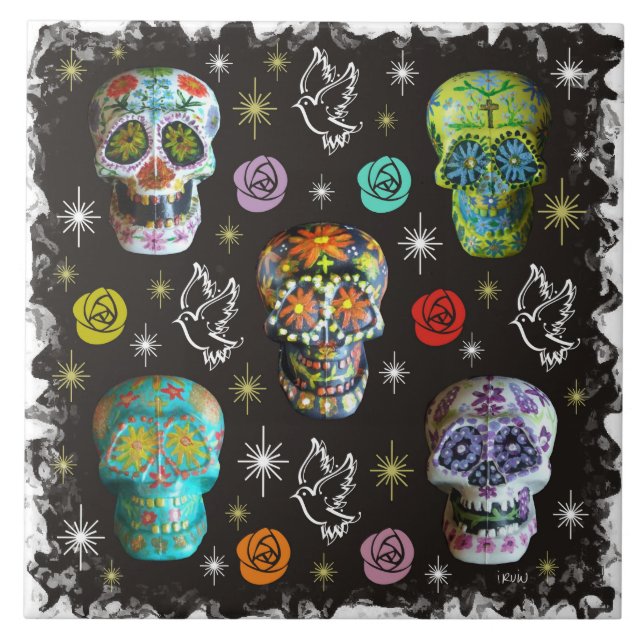 Colorful Sugar Skulls Tile (Front)