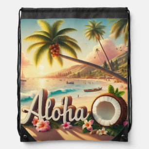COLORFUL SUMMER ALOHA WITH FLOWERS BEACH COCONUT DRAWSTRING BAG