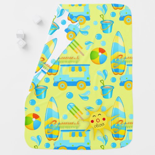 Colorful Summer and Beach Fun Monogrammed Pattern Baby Blanket