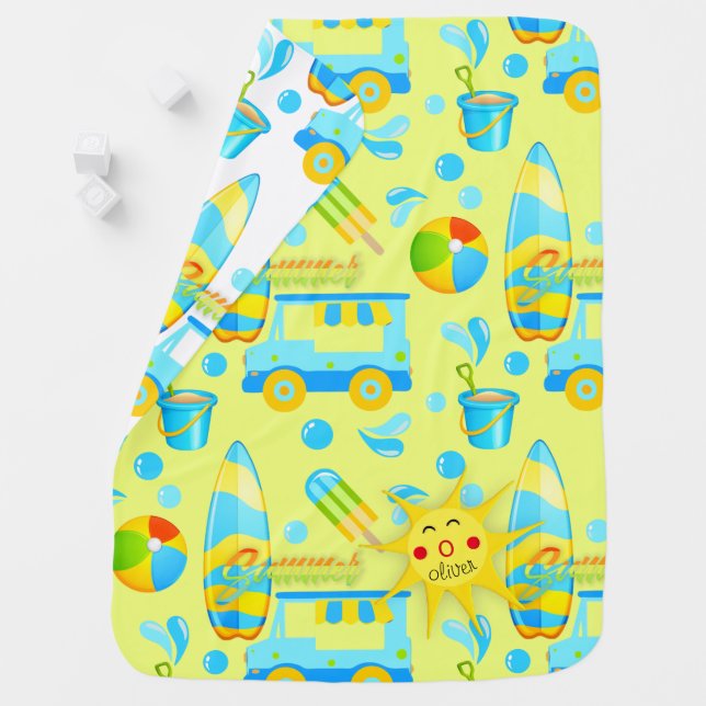 Colorful Summer and Beach Fun Monogrammed Pattern Baby Blanket (In Situ)