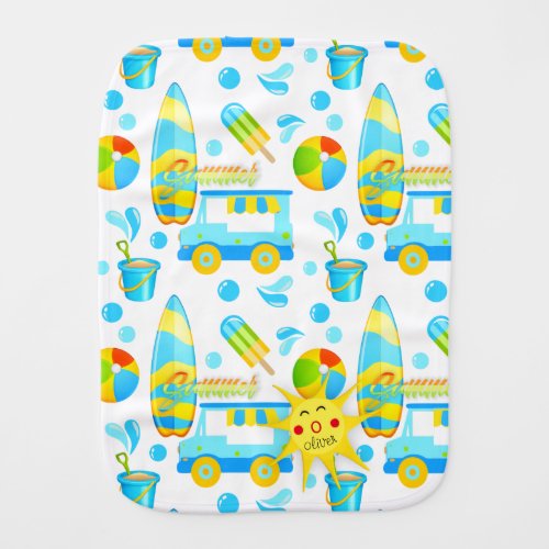 Colorful Summer and Beach Fun Monogrammed Pattern Baby Burp Cloth