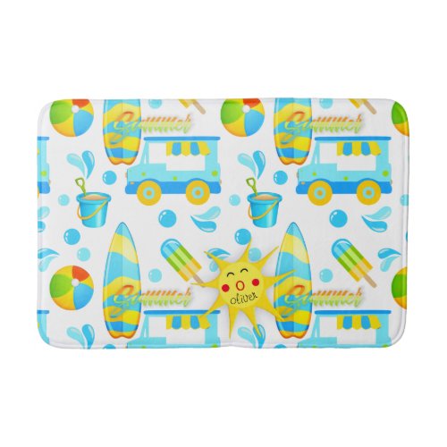 Colorful Summer and Beach Fun Monogrammed Pattern Bath Mat