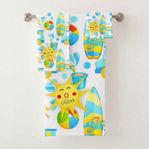 Colorful Summer and Beach Fun Monogrammed Pattern Bath Towel Set