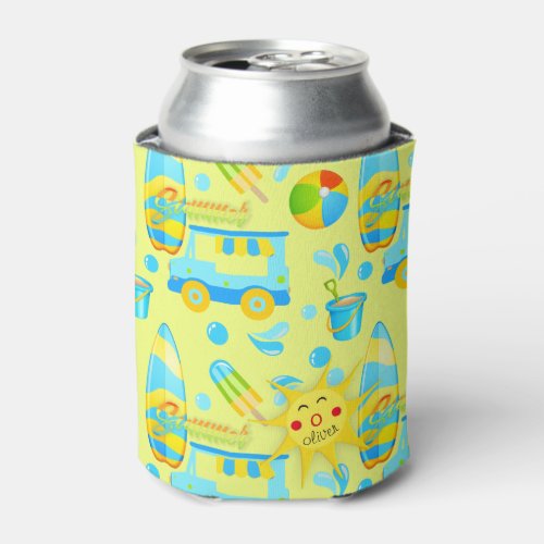 Colorful Summer and Beach Fun Monogrammed Pattern Can Cooler