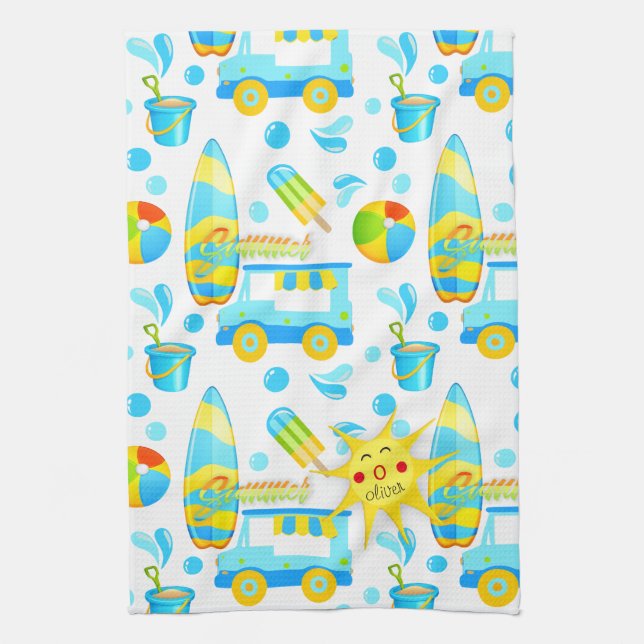 Colorful Summer and Beach Fun Monogrammed Pattern Kitchen Towel (Vertical)