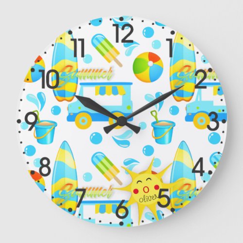 Colorful Summer and Beach Fun Monogrammed Pattern Large Clock
