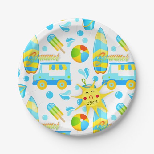 Colorful Summer and Beach Fun Monogrammed Pattern Paper Plates