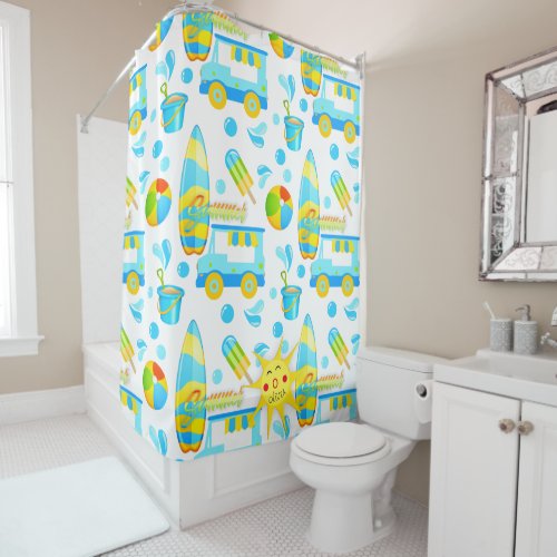 Colorful Summer and Beach Fun Monogrammed Pattern Shower Curtain