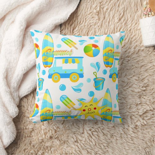 Colorful Summer and Beach Fun Monogrammed Pattern Throw Pillow
