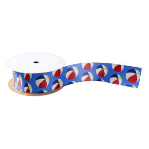 Colorful Summer Beach Ball Pattern Blue Background Satin Ribbon