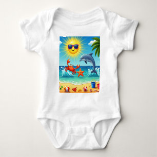Colorful Summer Beach Crab Dolphin Blue Sky Baby Bodysuit