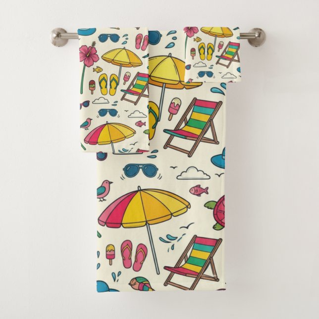 Colorful Summer Beach Umbrella Pattern Bath Towel Set (Insitu)