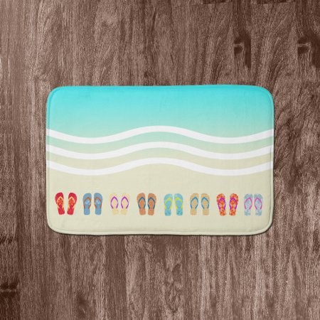 Colorful Summer Beach Waves  Flip Flops Bath Mat