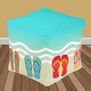 Colorful Summer Beach Waves Flip Flops Ottoman