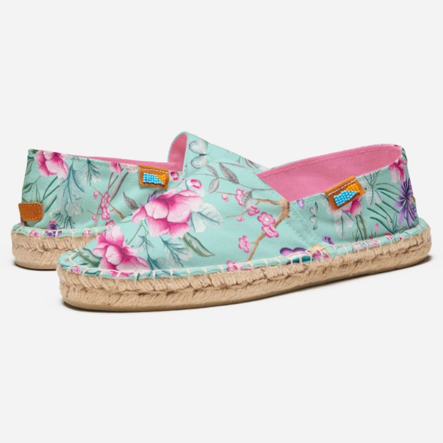 Colorful Summer Boho Chic Floral Patten - Aqua Espadrilles (Angled)