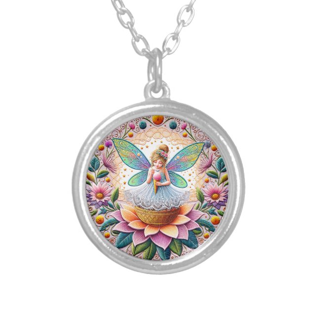 Colorful Summer Fairy Two  Illustration Silver Plated Necklace (Front)