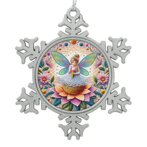 Colorful Summer Fairy Two  Illustration Snowflake Pewter Christmas Ornament