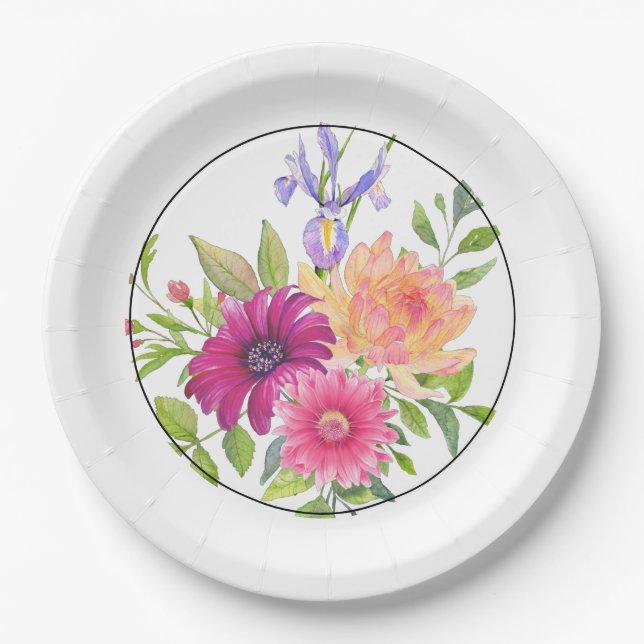 Colorful Summer Floral Art Daisy & Iris Paper Plates (Front)